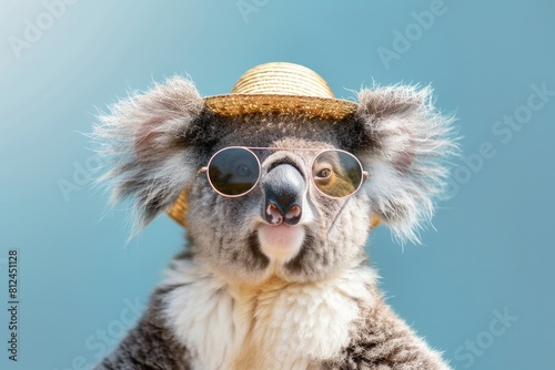 Funny koala wearing summer straw hat and stylish sunglasses