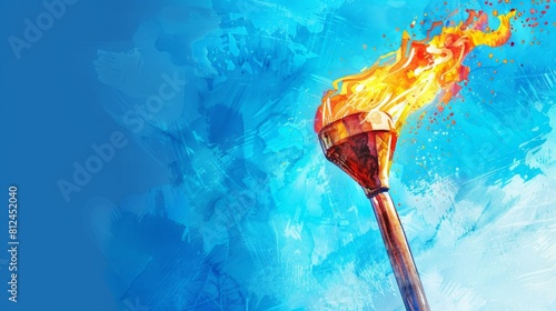 The Olympic Games in 2024 in France, in Paris. Watercolor painting of the Olympic torch on a solid blue background