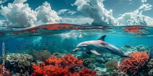Above and below surface of the Caribbean sea with coral reef and dolphin underwater and a cloudy blue sky