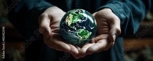 Closeup of two hands gently holding a greencovered Earth globe, emphasizing a global green save concept