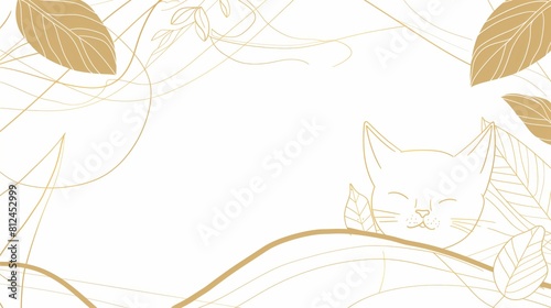 A cat with a white background featuring gold lines and leaves, website background, design template