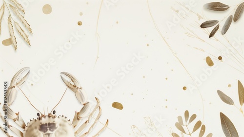 A crab with a white background featuring gold lines and leaves, website background, design template