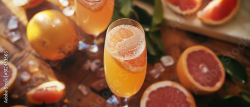 Sparkling cocktail with grapefruit garnish, surrounded by vibrant citrus and ice.