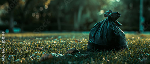 A lone garbage bag sits amidst morning dew, an overlooked consequence of consumption.