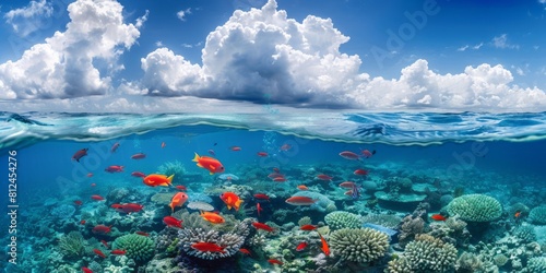 Above and below surface of the Caribbean sea with coral reef and fishes underwater and a cloudy blue sky.