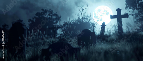A haunting moonlit graveyard casts a mysterious aura in the misty night.