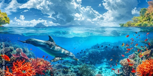 Above and below surface of the Caribbean sea with coral reef, fishes and dolphin underwater and a cloudy blue sky