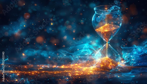 An abstract design of a solarpowered hourglass, where the sands are tiny glowing particles of energy