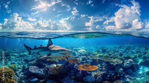 Above and below the surface of the caribbean sea with coral reef and shark underwater and cloudy blue sky.