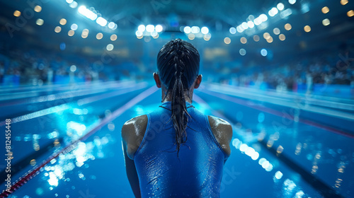 Female athlete professional swimmer preparing for race in an indoor olympic pool