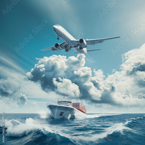 The image shows a airplane flying over a container ship.