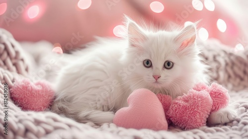 Valentine's Day photo of a cute white fluffy kitten with pink heart plushie toys