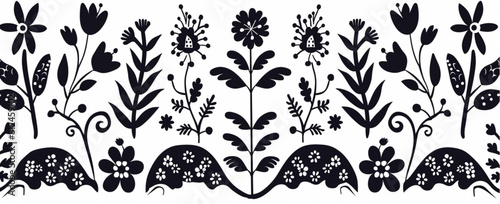 Folk art floral design elements in black vector on white background, Polish folk ornament motifs, simple lines, no shading