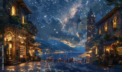 The Magical Atmosphere Imagines Shopping at Night in the Shop Area with Views of the Starry Sky and Mountains on the Horizon
