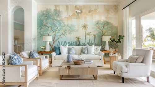Trendy living room featuring a wall adorned with soft watercolor trees and understory, infusing it with a natural, serene vibe