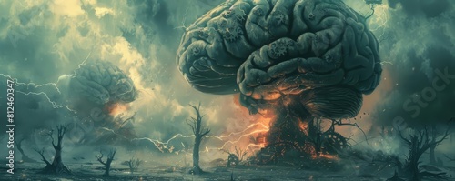 An apocalyptic image of a dying forest, where the last tree is a giant brain emitting sparks with gears frozen around its base