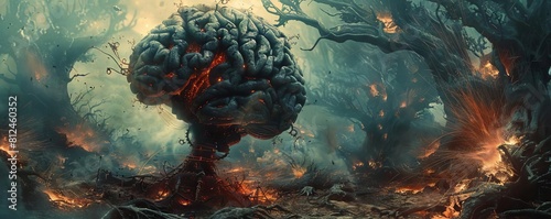 An apocalyptic image of a dying forest, where the last tree is a giant brain emitting sparks with gears frozen around its base