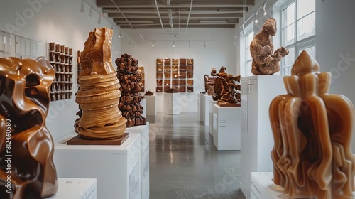An art gallery opening with sculptures and artwork made from different types of chocolate
