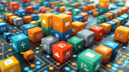 Colorful 3D cubes with various app icons representing a diverse software ecosystem or digital interface, symbolizing connectivity and technological variety in the digital world.