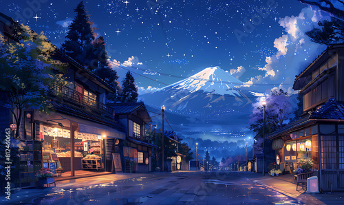 The Magical Atmosphere Imagines Shopping at Night in the Shop Area with Views of the Starry Sky and Mountains on the Horizon