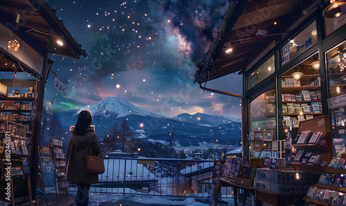 The Magical Atmosphere Imagines Shopping at Night in the Shop Area with Views of the Starry Sky and Mountains on the Horizon