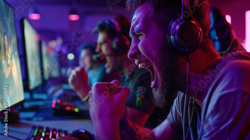 Emotional gamer for computer games and game consoles sat in front of the screen. Player with stormy emotions. Neon colors. Young man screaming in euphoria in a gaming club