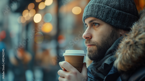 A man in a winter hat and coat is holding a coffee cup and looking away. There are blurry lights in the background.
