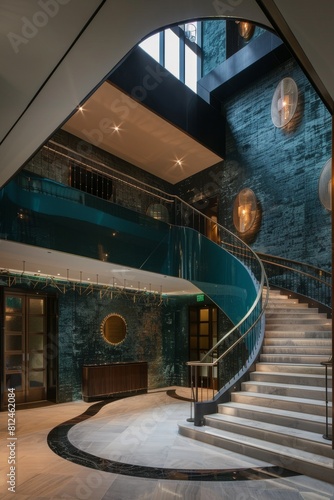 Ascend atriums grand staircase with velvet walls and verdigris details