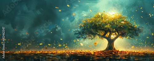 An artistic portrayal of a tree whose leaves are different currencies, with some leaves wilting to represent depreciation