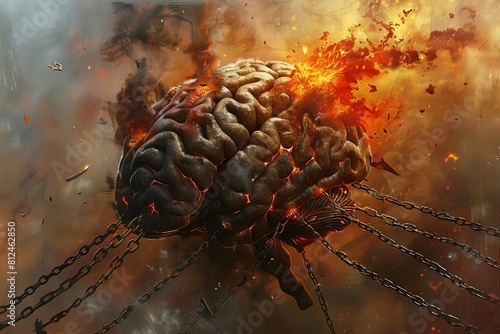 An artistic rendering of a brain embedded in a bed of nails, chains restraining it as its blowtorched