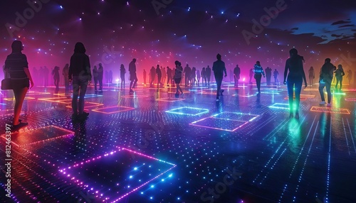 An artistic representation of a dance floor where dancers movements on solar panel tiles generate the venues lighting