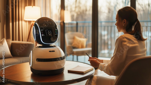 A woman interacts with a modern service robot in a cozy room, highlighting the integration of advanced technology in everyday living spaces.