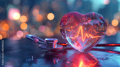 Heart Health Concept with Stethoscope and Holographic Heartbeat