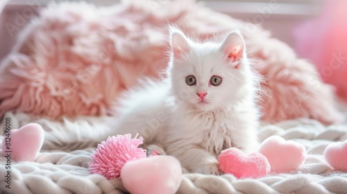 Valentine's Day photo of a cute white fluffy kitten with pink heart plushie toys