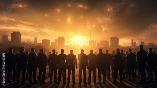 Ambitious silhouettes in a crowd symbolize relentless pursuit of business goals.