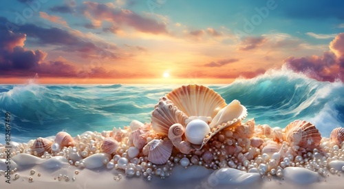 Fantasy seascape, seashell with pearls on the ocean, waves, sea foam, sunset. AIgemerate ai