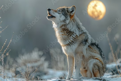 A lone wolf in the middle of a snowy forest howls at the full moon. Against the backdrop of a snowy night, the lone wolf's melodic howl resonates, a symbol of untamed wilderness.
