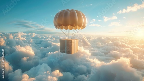 A thrilling depiction of a brown parcel cardboard box descending with a parachute, showcasing the quick and efficient delivery of goods through online services and global logistic networks 8K , high-r