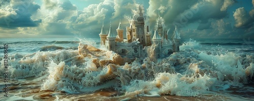 An image of a sandcastle made of banknotes, being washed away by waves, denoting the transient value of money