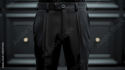 A sleek and tailored dress pant mockup on a solid black background, showcasing its slim fit and pressed creases, all captured in HD to highlight its sophisticated and professional appeal