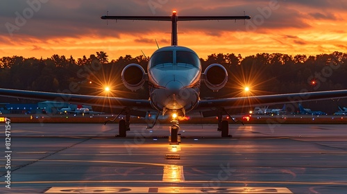 Private Jet Aircraft Preparing for Sunrise Takeoff at Illuminated Airport Runway