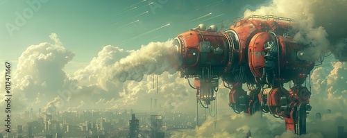 An imaginative depiction of a giant vacuum cleaner sucking smog out of the sky, operated by futuristic robots