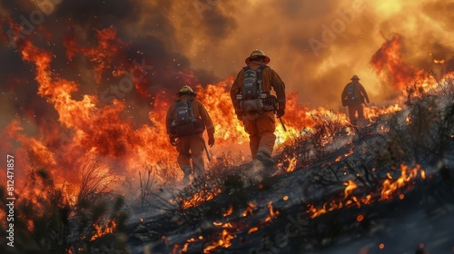 Showcase a group of firefighters battling a wildfire, their bravery and expertise essential in protecting communities and natural resources