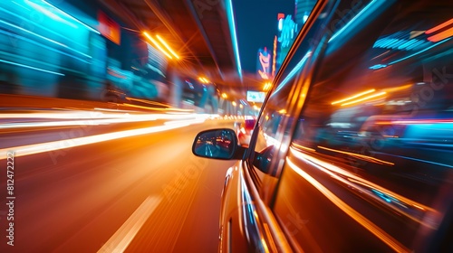 Vibrant Urban Speed: A Dynamic View from a Moving Car at Night. Capturing the Essence of City Life's Fast Pace. AI