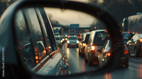 Evening Traffic Captured in Vehicle's Side Mirror on a Busy Road. Realistic Urban Scene Depicting Daily Commute Drama. Reflective Perspective of City Life. AI