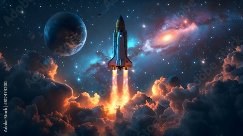 Majestic Rocket Soaring Through Cosmic Tapestry of Galaxies and Nebulae