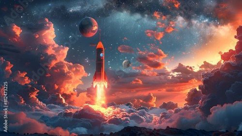 Dramatic Rocket Launch Against Fiery Cosmic Sky Backdrop