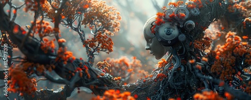 An imaginative scenario where gears act as pollinators for brain flowers blooming on ancient trees