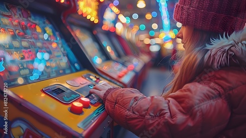 Young Woman Captivated by Retro Arcade Game Lights and Controls