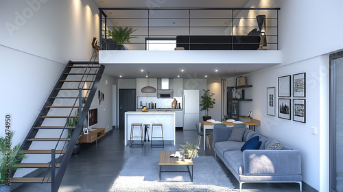 The image shows a modern living room with a high ceiling and a mezzanine